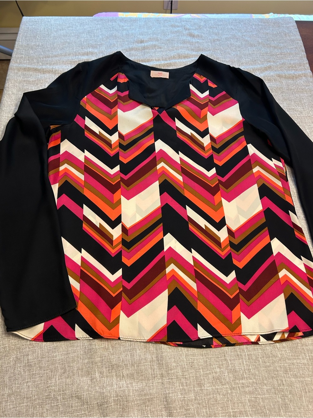Chevron Print Long-Sleeve Blouse - Black with Pink & Orange Accents